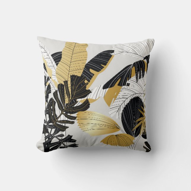 Coussin Or, plantes tropicaux noirs : luxe. (Recto)