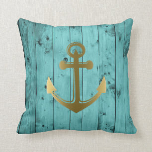 Coussin Or turquoise en bois d'Ancre nautique de bleu de