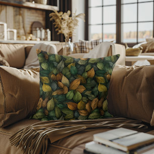 Coussin Or vert doré automnal feuilles aquarelle décoratif