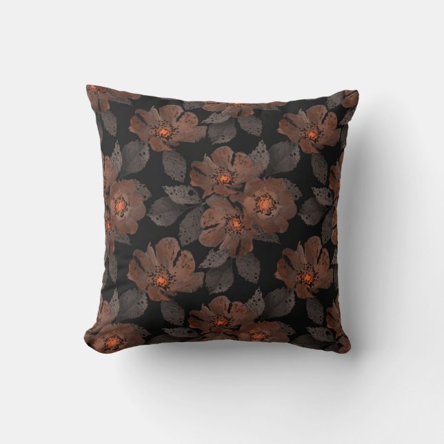 Coussin Orange and brown flowers on a black background. (Recto)