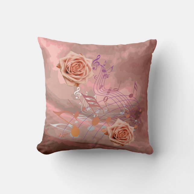 Coussin Orange & Apricot Roses & notes de musique Carré Co (Recto)