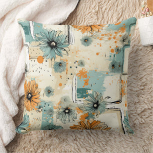 Coussin Orange Bleu Botanique Floral Crème Antique
