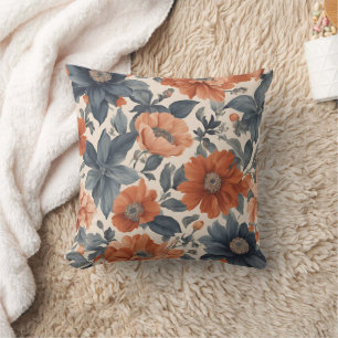 Coussin Orange brûlé et floral bleu fumé