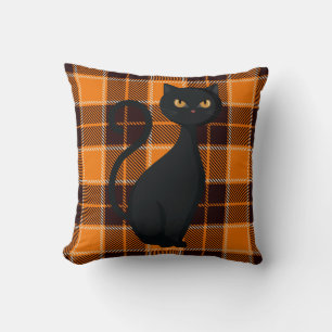 Coussin Orange Buffalo Plaid Chat Noir Éffrayant Halloween