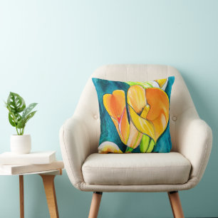 Coussin Orange Calla fleurs de laine aquarelle art