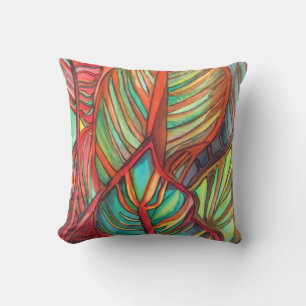 Coussin Orange Canna feuille aquarelle art original