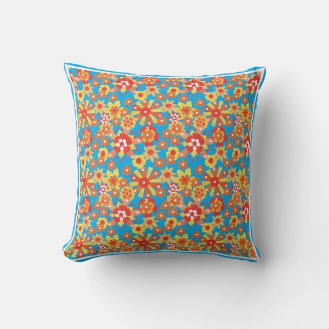 Coussin Orange Floral et Pois Polka Bleu réversible (Recto)
