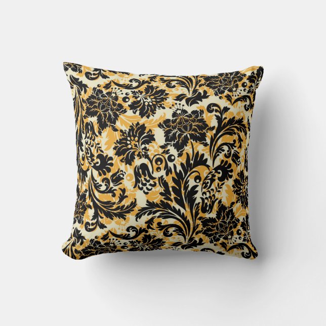 Coussin Orange noir et blanc Damas florales (Recto)