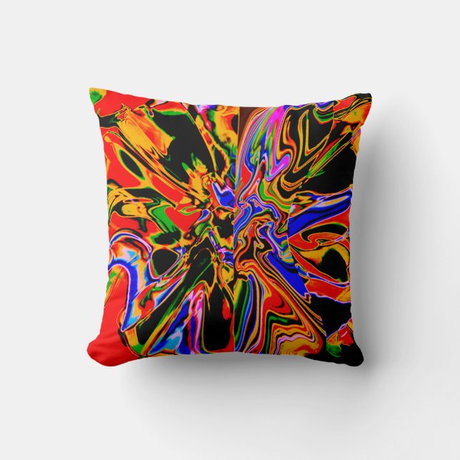 Coussin Orange, Noir, Or, Fleur Psychédélique Bleue (Recto)