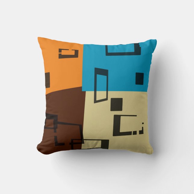 Coussin Orange rétro, Bleu, Brown, Crème Art Abstrait (Recto)