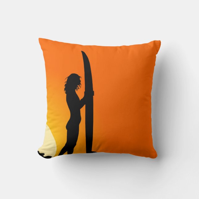 Coussin Orange Sunset surfer fille avec planche de surf (Recto)