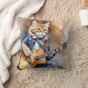 Coussin Orange Tabby Cat Rock Star Jouer Guitare Acoustiqu