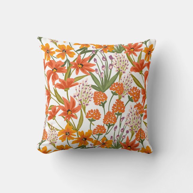Coussin Orange Wildflower Botanical Pattern  (Recto)