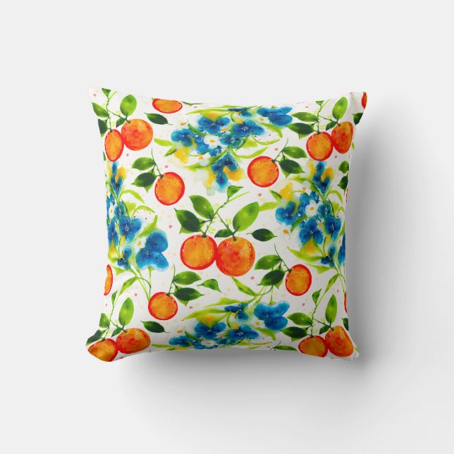 Coussin Oranges et fleurs bleues sur agrumes blancs (Recto)