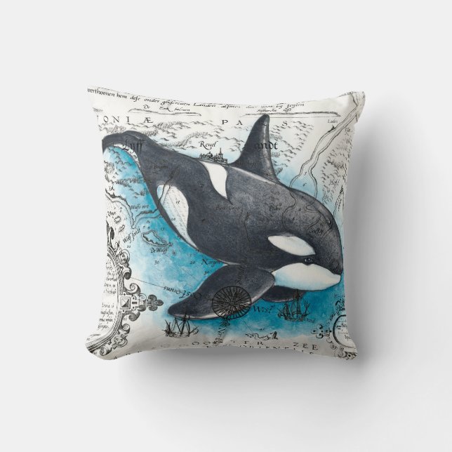 Coussin Orca Baleine Bleu Aquarelle Carte Nautique (Recto)