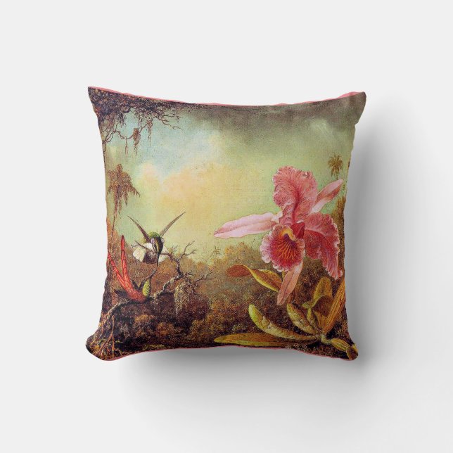 Coussin Orchidée avec deux colibris, peinture d'art (Recto)