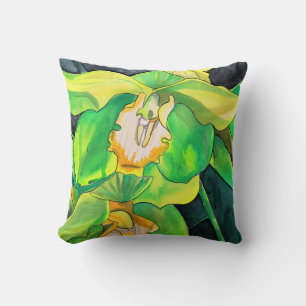 Coussin Orchidée fleurs vert et jaune art