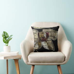 Coussin Orchidée Florale Mot Fleur Nuage sur Noir