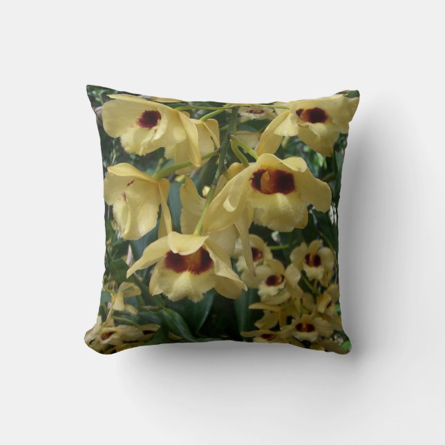 Coussin Orchidées Jaunes et Maroon Élégant Floral (Recto)