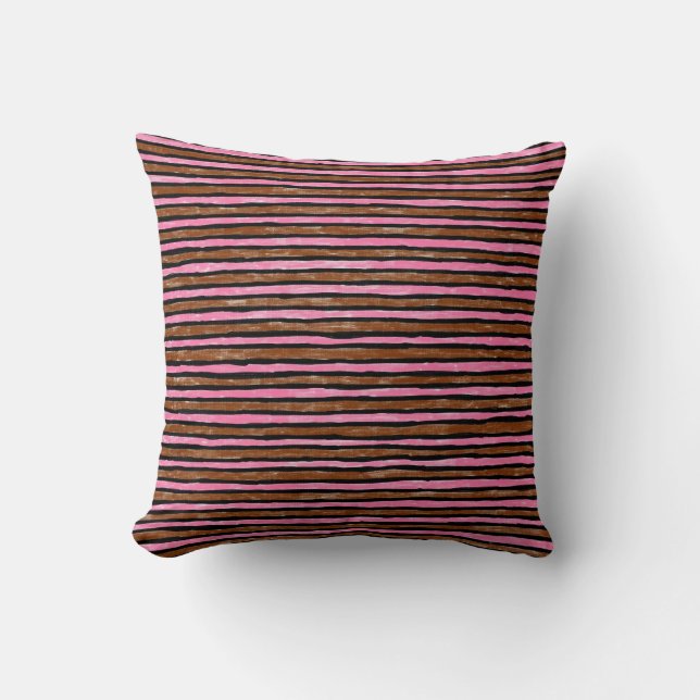 Coussin Oreiller, rayures peintes, marron et rose (Recto)