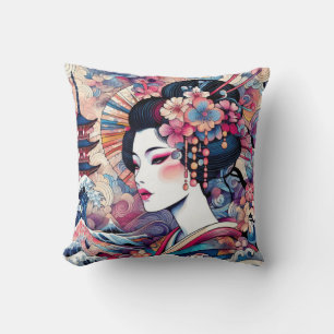 Coussin Oriental abstrait Geisha fleurs roses vagues