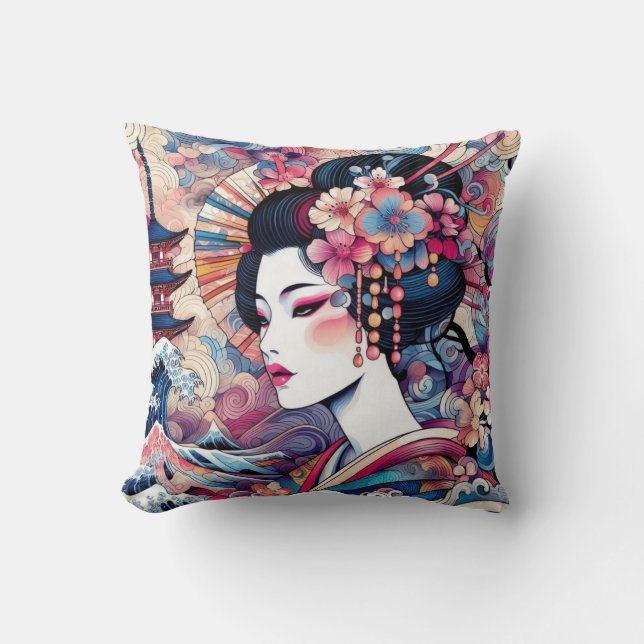 Coussin Oriental abstrait Geisha fleurs roses vagues (Recto)