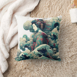 Coussin Oriental abstrait Geisha Kanagawa vagues nuages