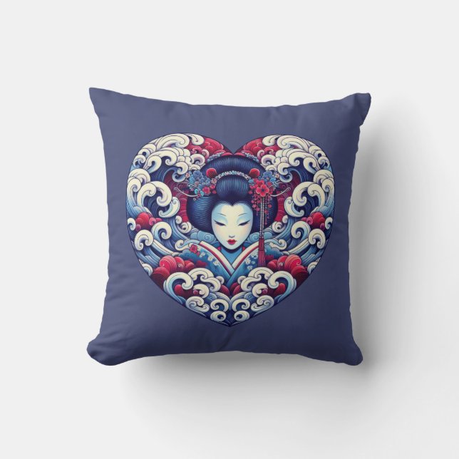 Coussin Oriental bleu violet abstrait Geisha vagues coeur (Recto)