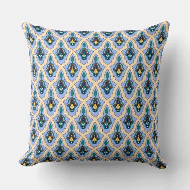 Coussin Oriental Blue Jaune Marocain Arabe Tracery Art (Recto)