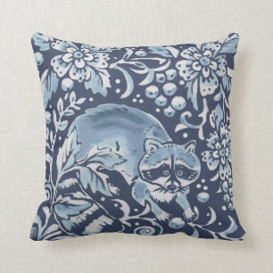 Coussin Ornat Bleu Blanc Forêt Raccoon Berries Bois
