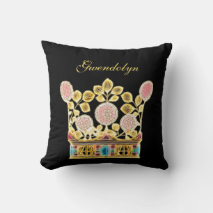 Coussin Ornate Gold Royal Crown rose Floral Roses et nom