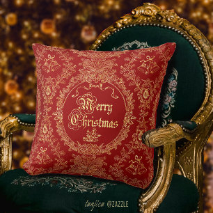 Coussin Orné Classique Vintage Rouge Or Noël Joyeux 
