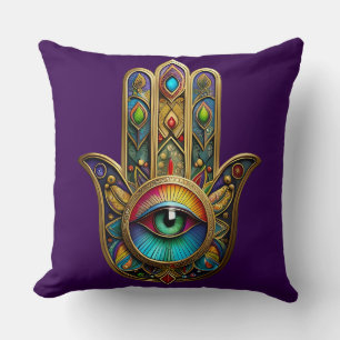 Coussin Orné Hamsa Coloré Or Sur Fond Rouge Troisième Œil