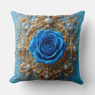 Coussin Ornement doré à la rose bleue et perle