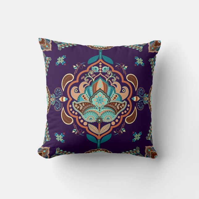 Coussin Ornement indien coloré, Frontière géométrique. (Recto)