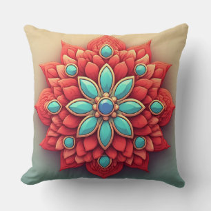 Coussin Ornement Mandala Floral Rouge et Turquoise Décorat