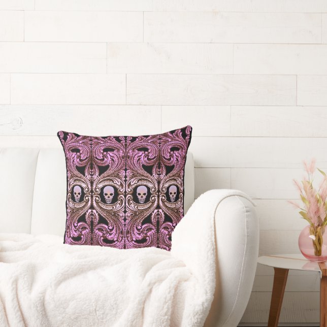 Coussin Ornement rose Goth avec crâne (Canapé)