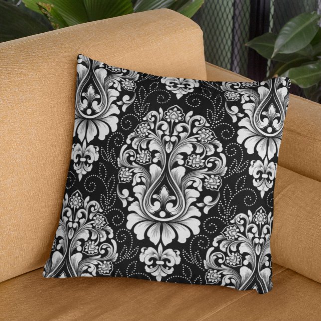 Coussin Ornemental Damask Blanc noir Floral (Créateur téléchargé)