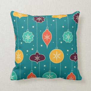 Coussin Ornements colorés de Noël décoratif sur le bleu