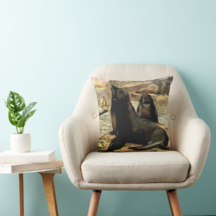Coussin Otaries de Californie par CE Swan, Animaux Vintage