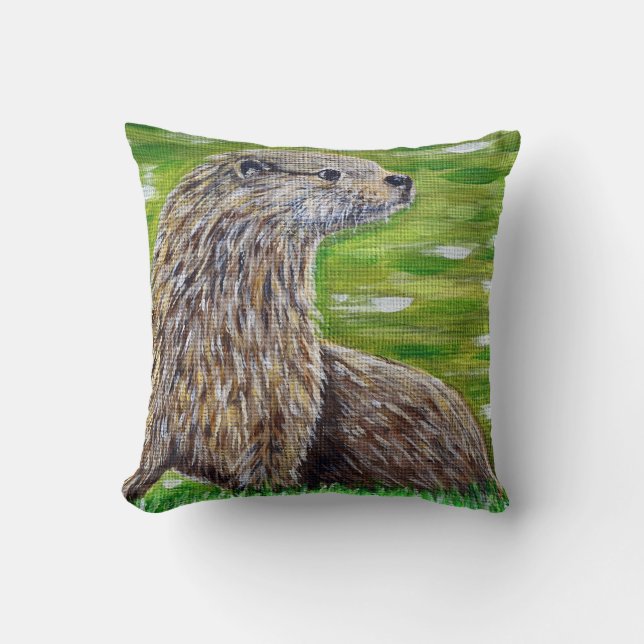 Coussin Otter sur une peinture de rive d'une rivière (Recto)
