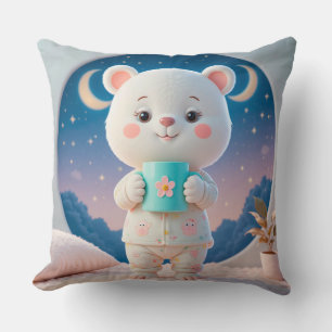 Coussin Ours adorable en pyjama tenant une tasse