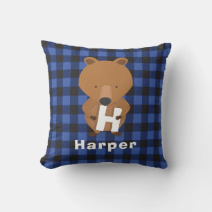 Coussin Ours animal Monogramme Nom Enfants Plaid bleu