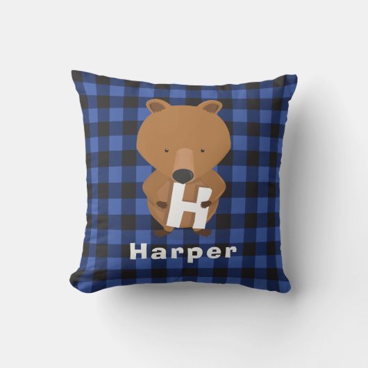 Coussin Ours animal Monogramme Nom Enfants Plaid bleu (Recto)