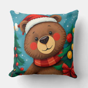 Coussin Ours au chapeau de Père Noël parmi les sapins de N
