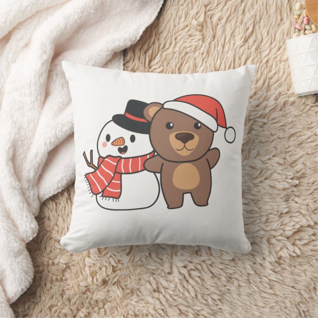 Coussin Ours Avec Snowman En Hiver Pour Noël Jeu Pi (Couverture)