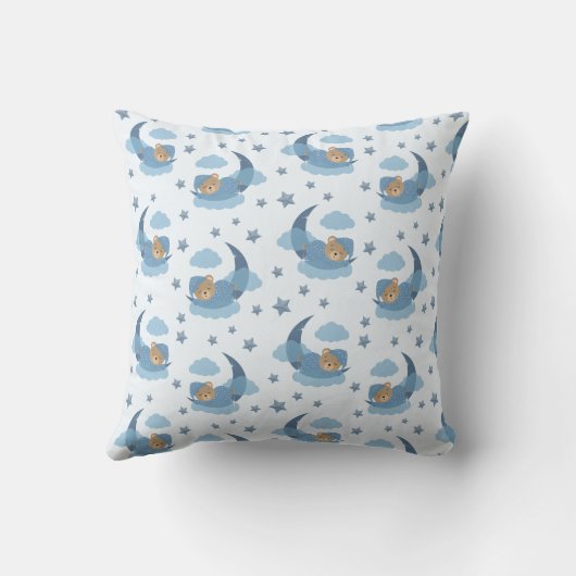 Coussin Ours Bébé Couché Bleu Sur Lune Nuages & Étoiles (Verso)