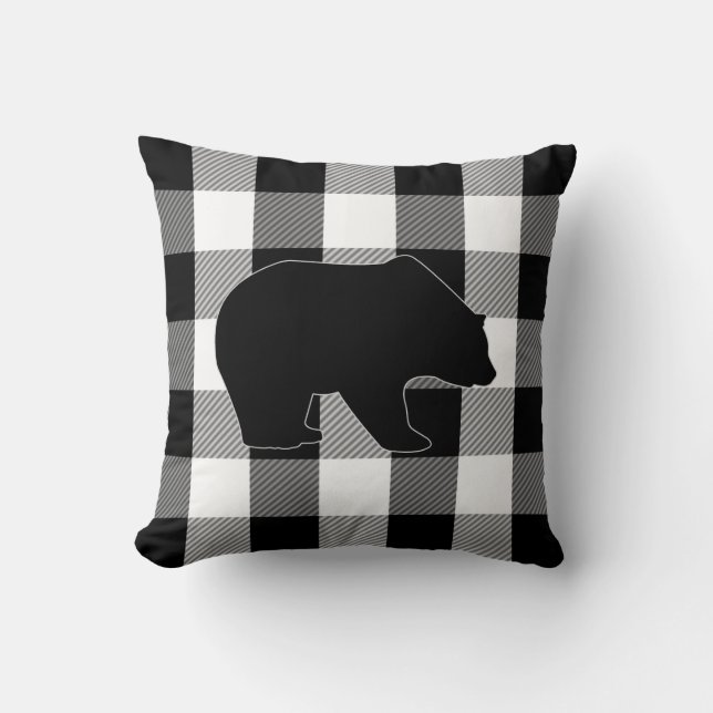 Coussin Ours blanc noir de plaid de bûcheron du contrôle | (Recto)
