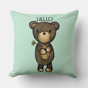 Coussin Ours Brown mignon avec Fleur Jaune Bonjour