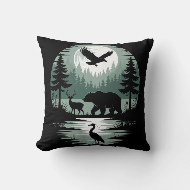 Coussin Ours Cerf Aigle Lune Forêt Silhouette (Recto)